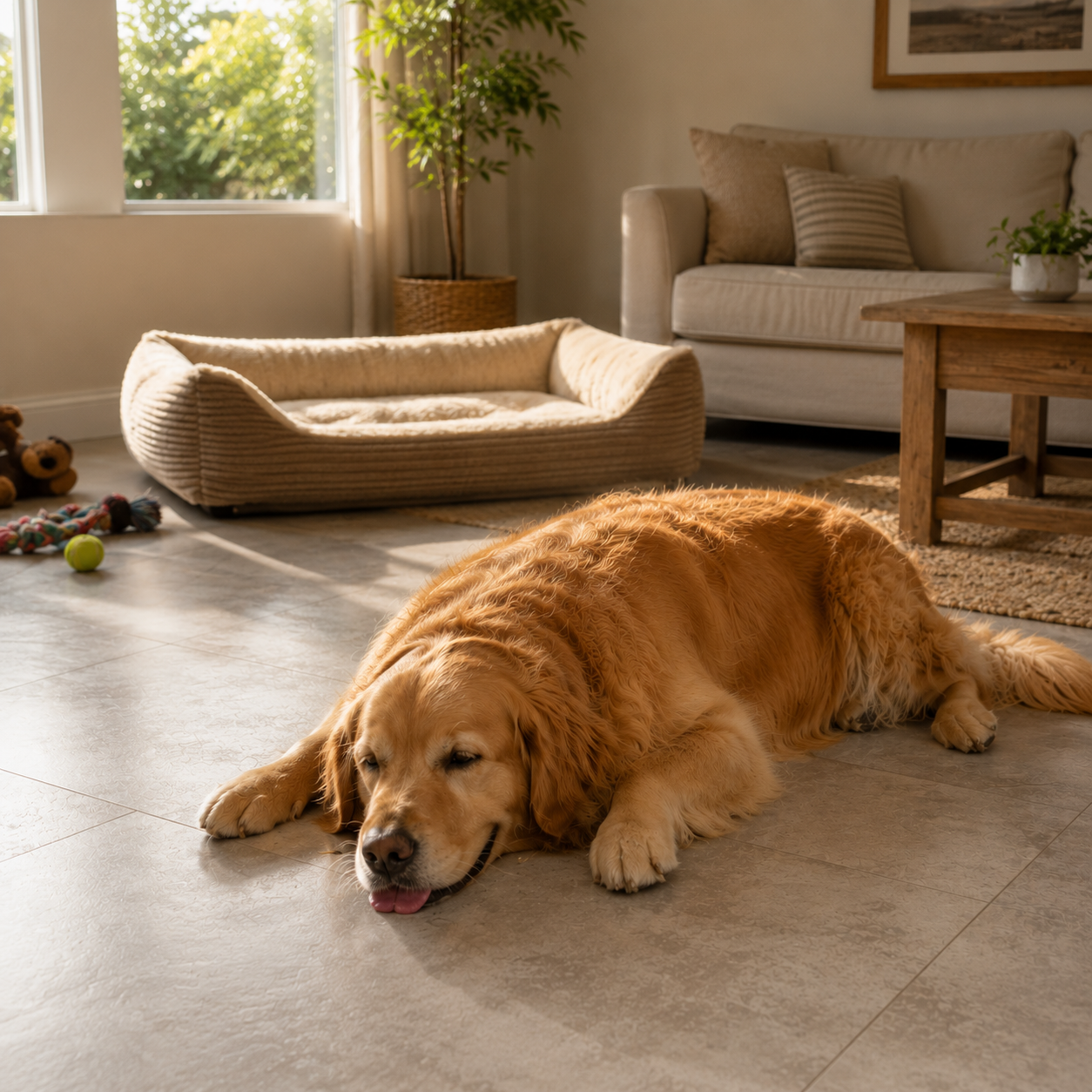 Golden Retriever resting on cool floor tiles beside an unused dog bed